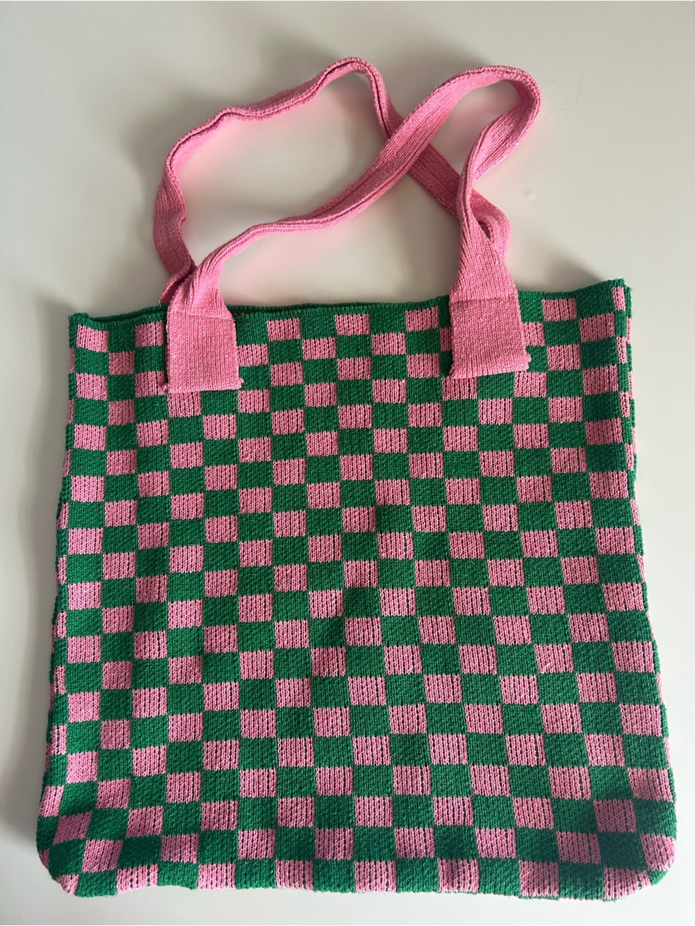 Pink and Green Checker Knit Tote Bag
